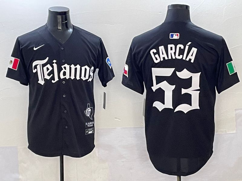 Men Texas Rangers #53 Garcia Black Five generations Joint Name 2025 Nike MLB Jersey style 1->texas rangers->MLB Jersey